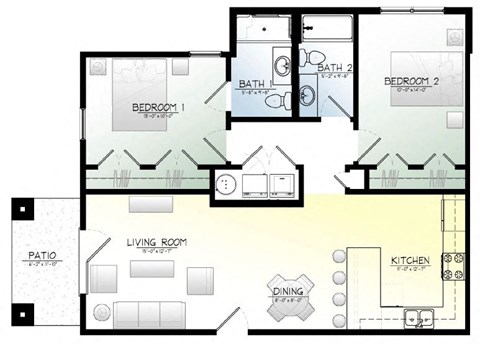 Floor plan for 2 beds, 2 baths, 1024 sqft